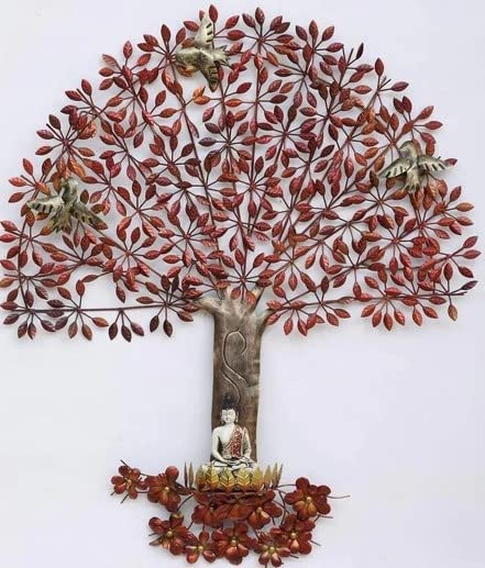 Metal Handmade Golden Tree Wall Hanging With Buddha Home Decor
