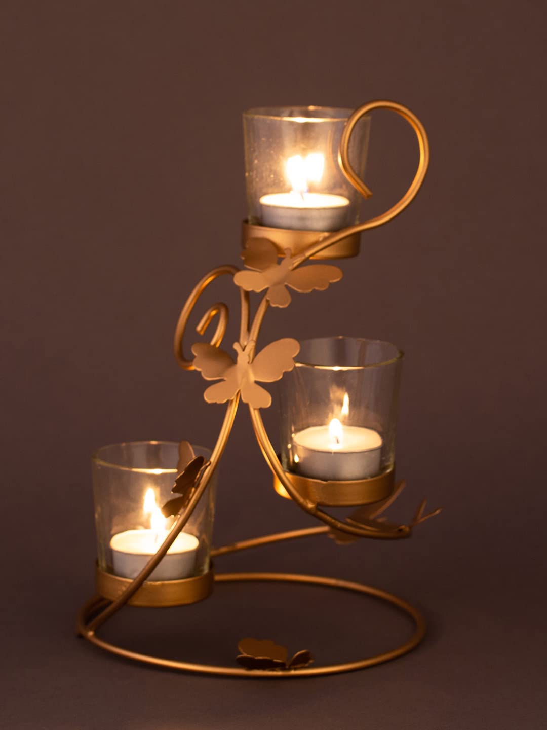 Golden Metal T Light candle Holder with Butterflies