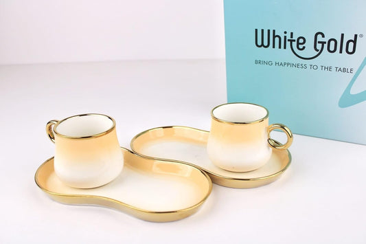 White Gold Ceramic Tea Cup Set with Snack Tray