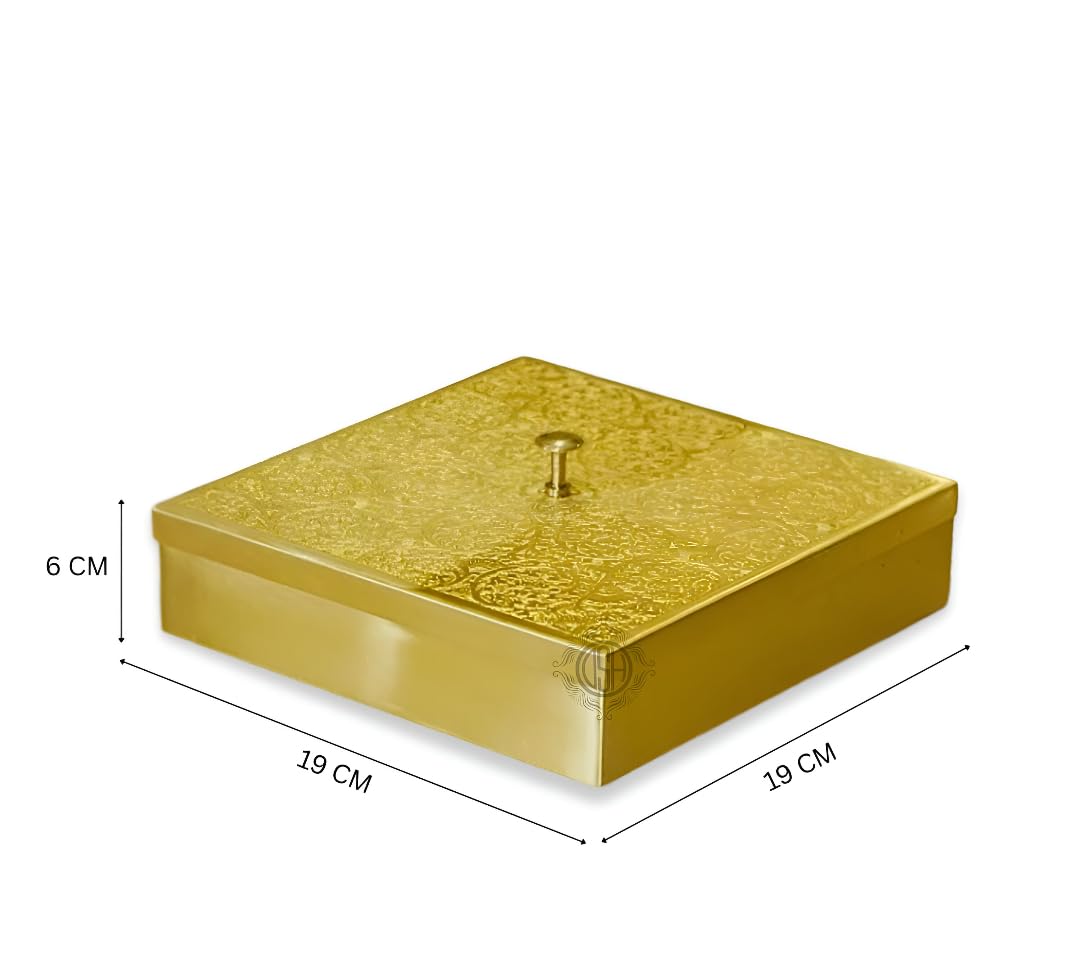 Gold rectangular box with dimensions indicated