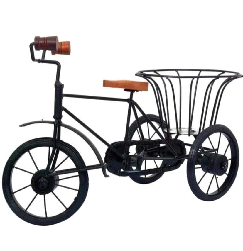 Wooden & Wrought Iron Small Miniature Tricycle Flower Rickshaw Vase Showpiece