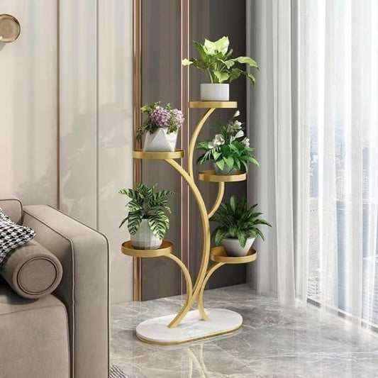 Luxury Metal Indoor 5 Tier Plant Stand with MDF Wood Base 