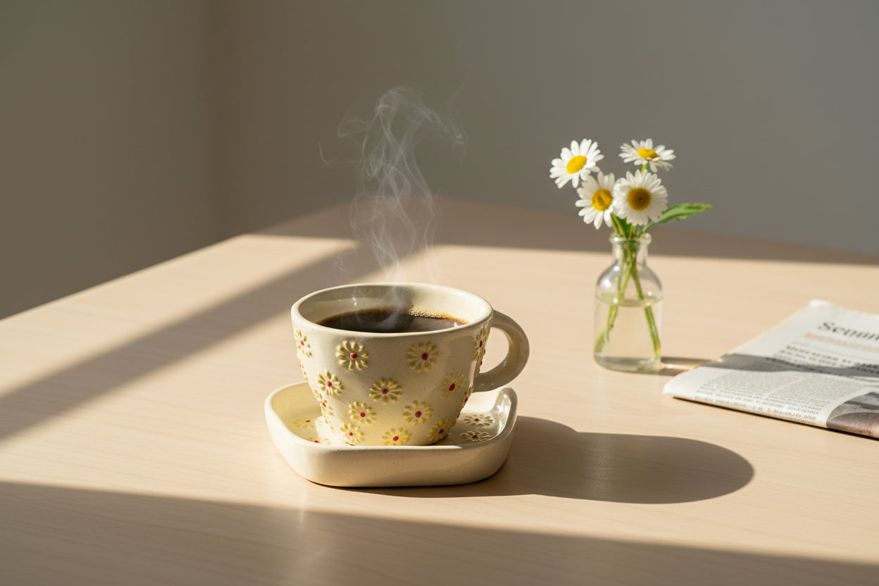 Embossed Daisy Bloom Ceramic Cup & Saucer Set-ArtyCraftz.com