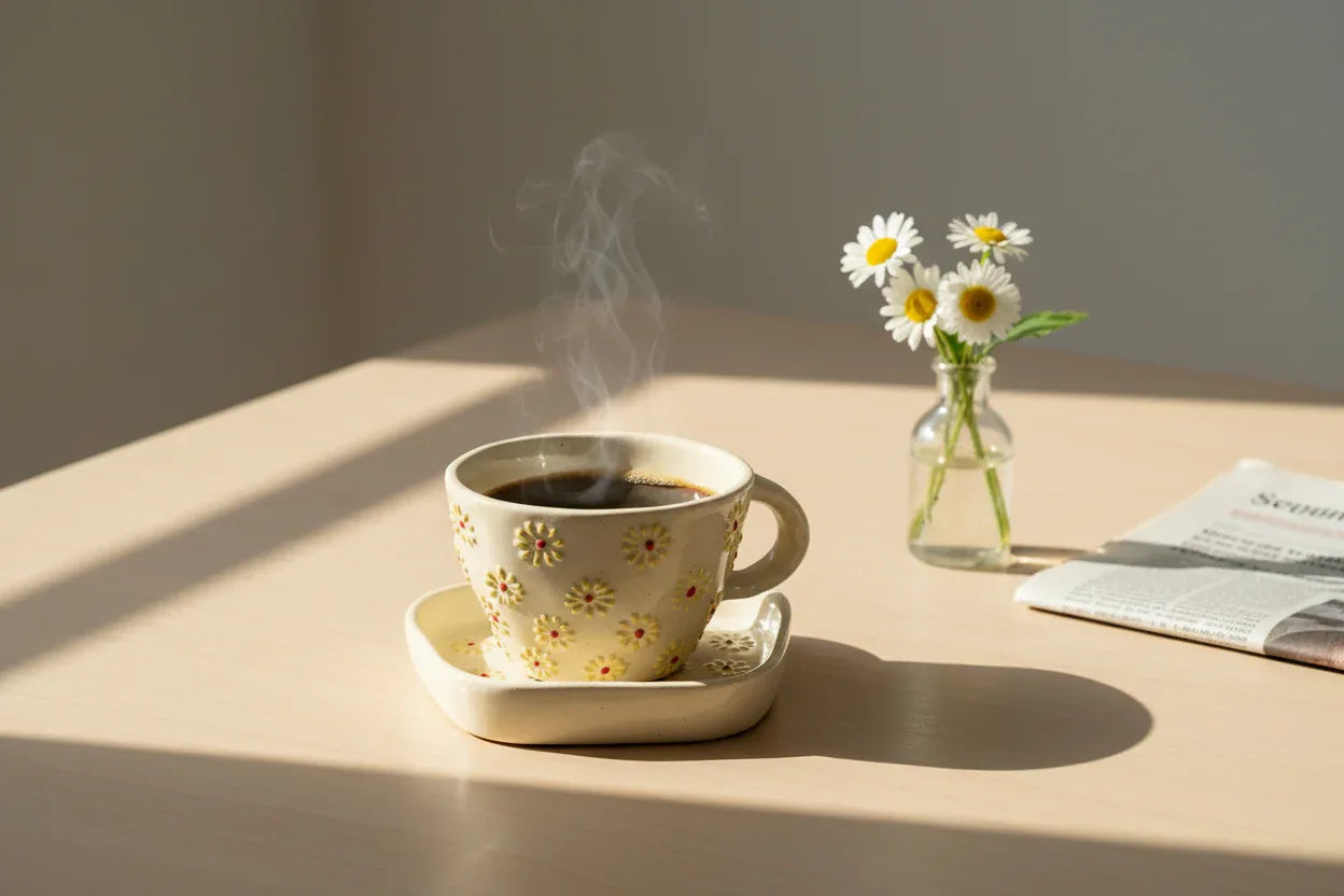 Embossed Daisy Bloom Ceramic Cup & Saucer Set-ArtyCraftz.com
