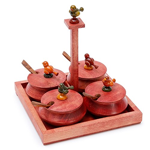 Red Wooden Spice Box Set with Bird Motif and Serving Spoons
