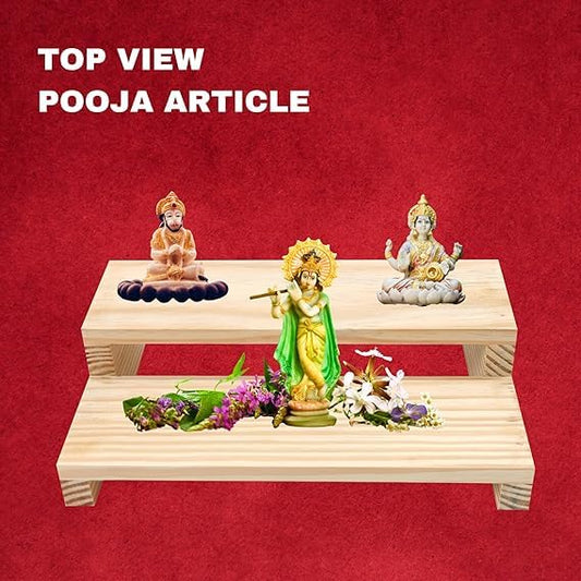 2 Step Mini Wooden Chowki for Mandir/Pooja with Hard Babool Wood Legs with Idols