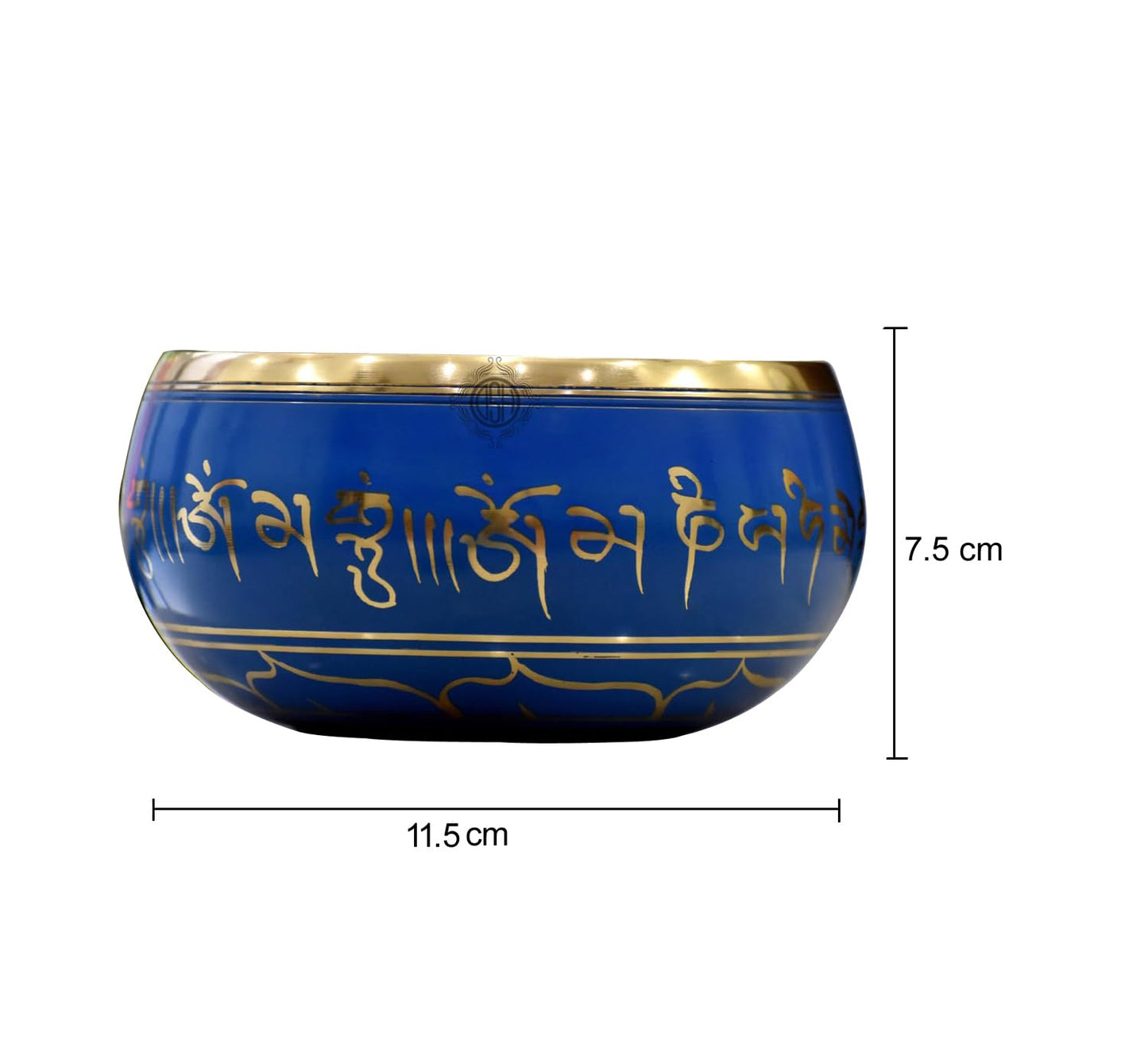 Blue singing bowl with gold text and measurements