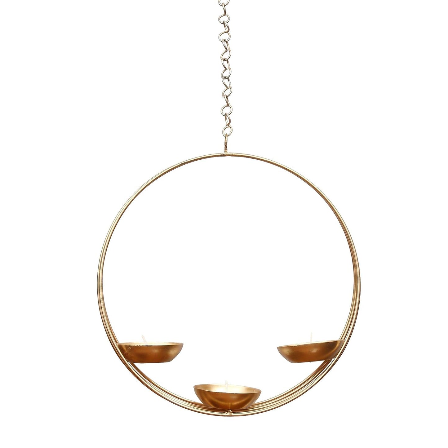 Gold circular hanging candle holder with three candle holders
