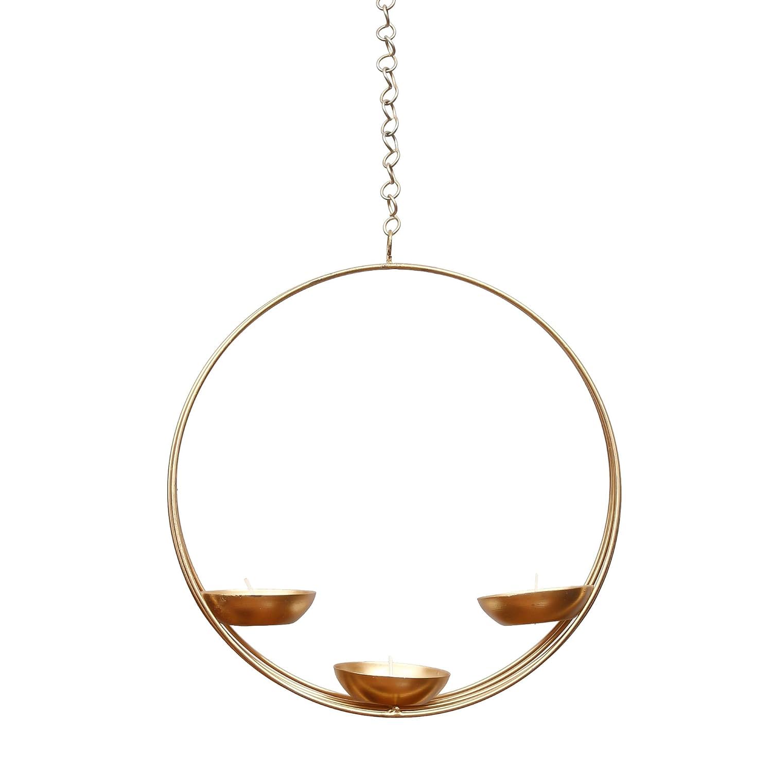Gold circular hanging candle holder with three candle holders