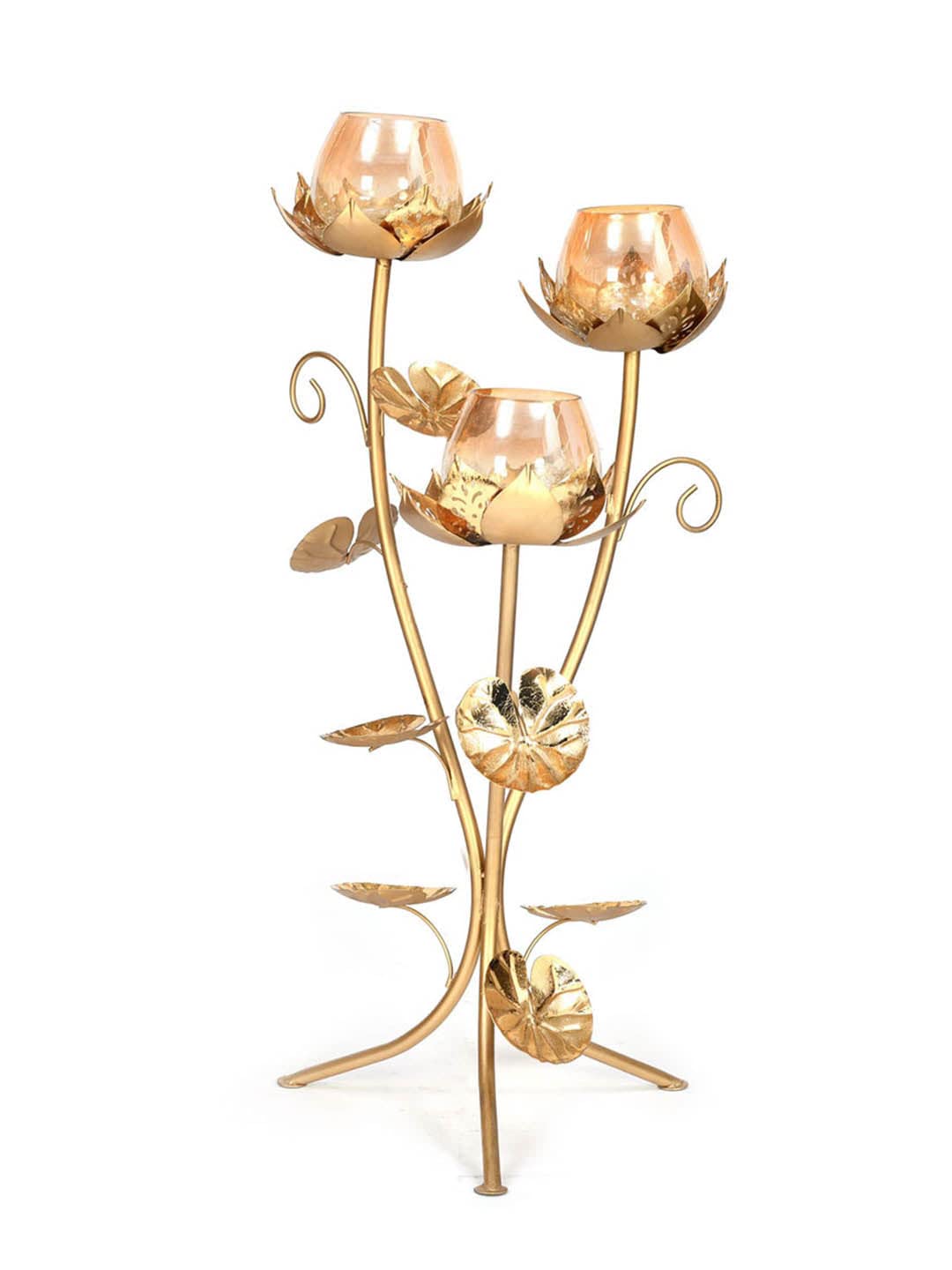 3 Lotus Floor Candle Stand Gold