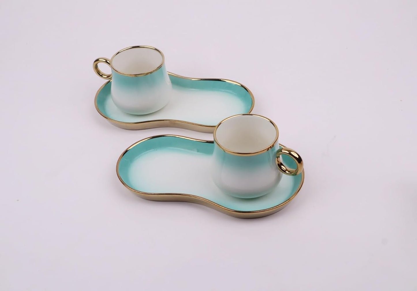 White Gold Ceramic Tea Cup Set with Snack Tray