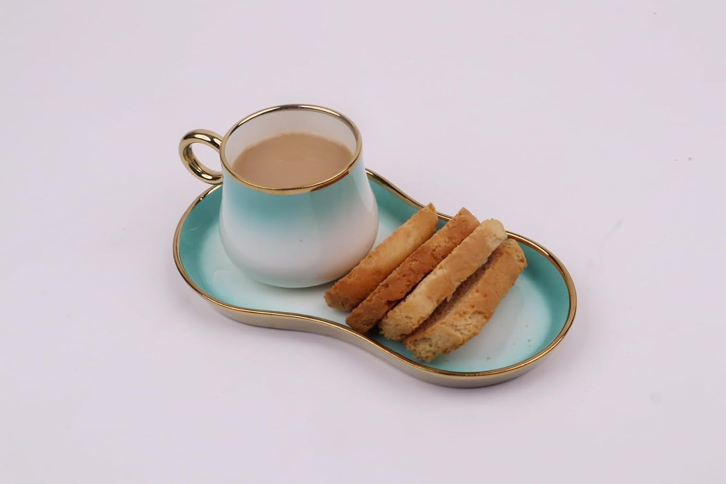 White Gold Ceramic Tea Cup Set with Snack Tray