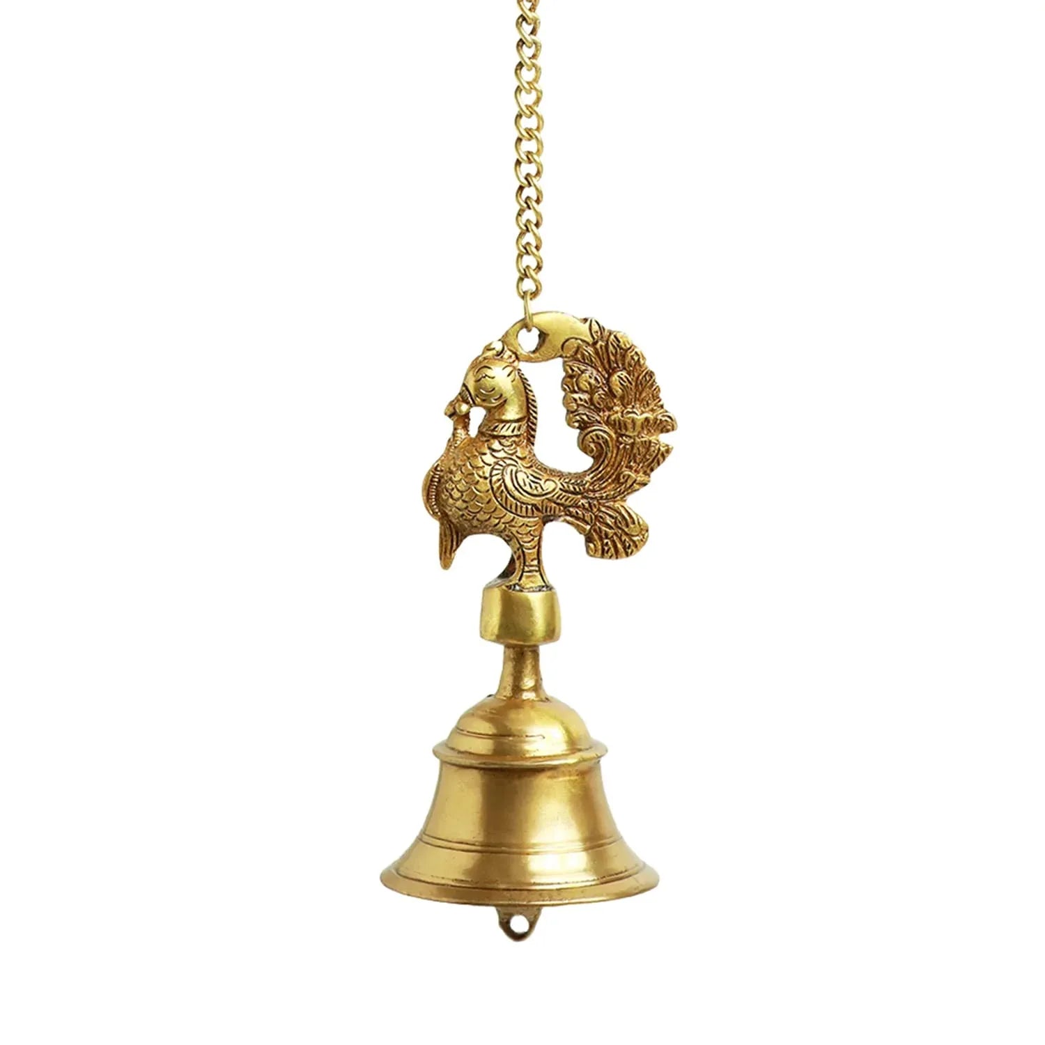 Brass bell with decorative top on a white background