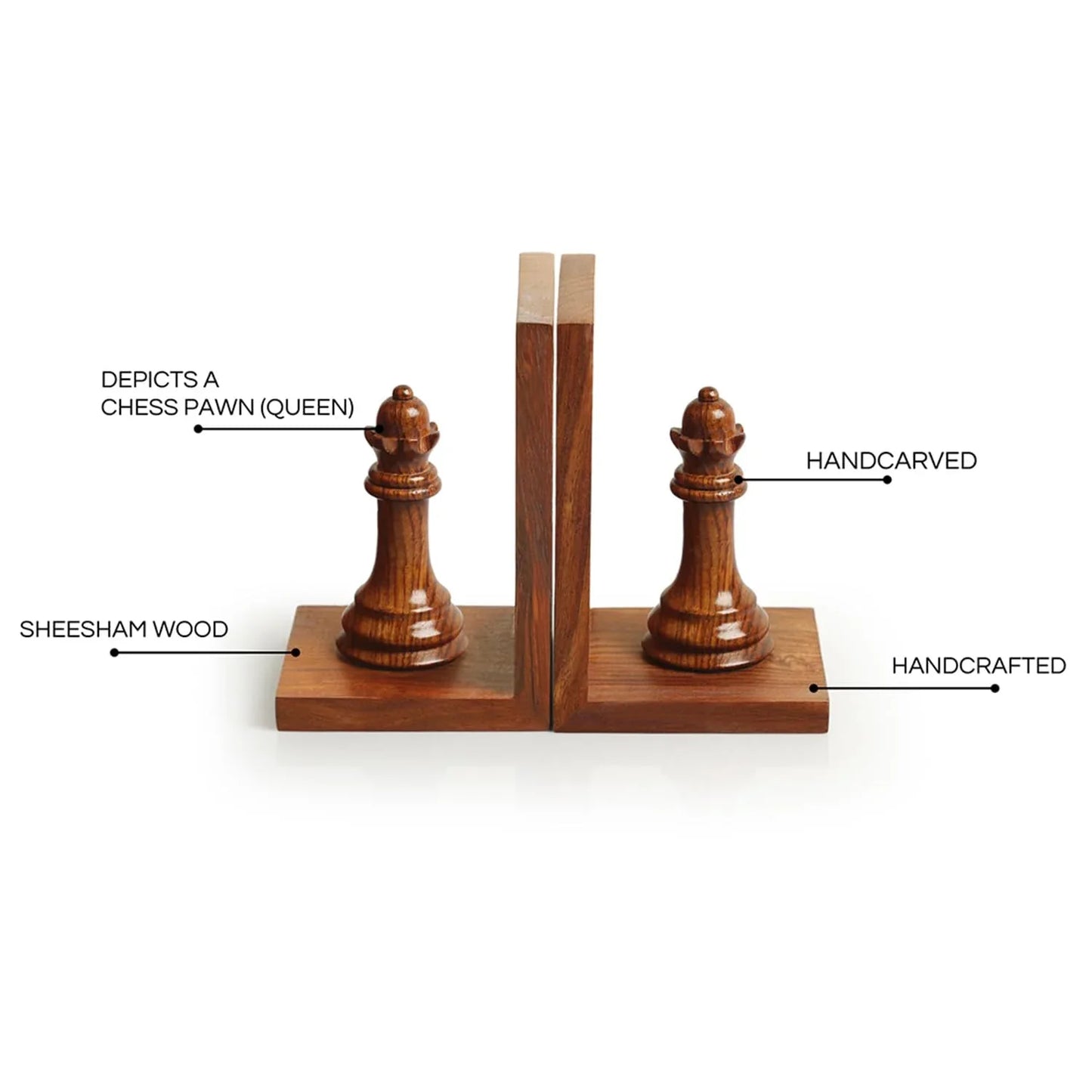 'Chess Queen' Sheesham Wooden Bookends (20.3 cm x 9.7 cm x 16.0 cm, Brown)