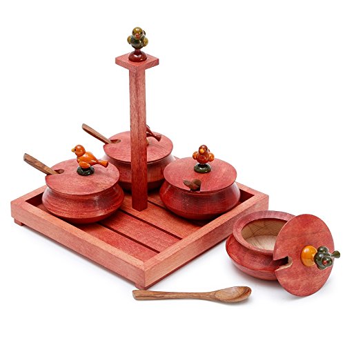 Red Wooden Spice Box Set with Bird Motif and Serving Spoons