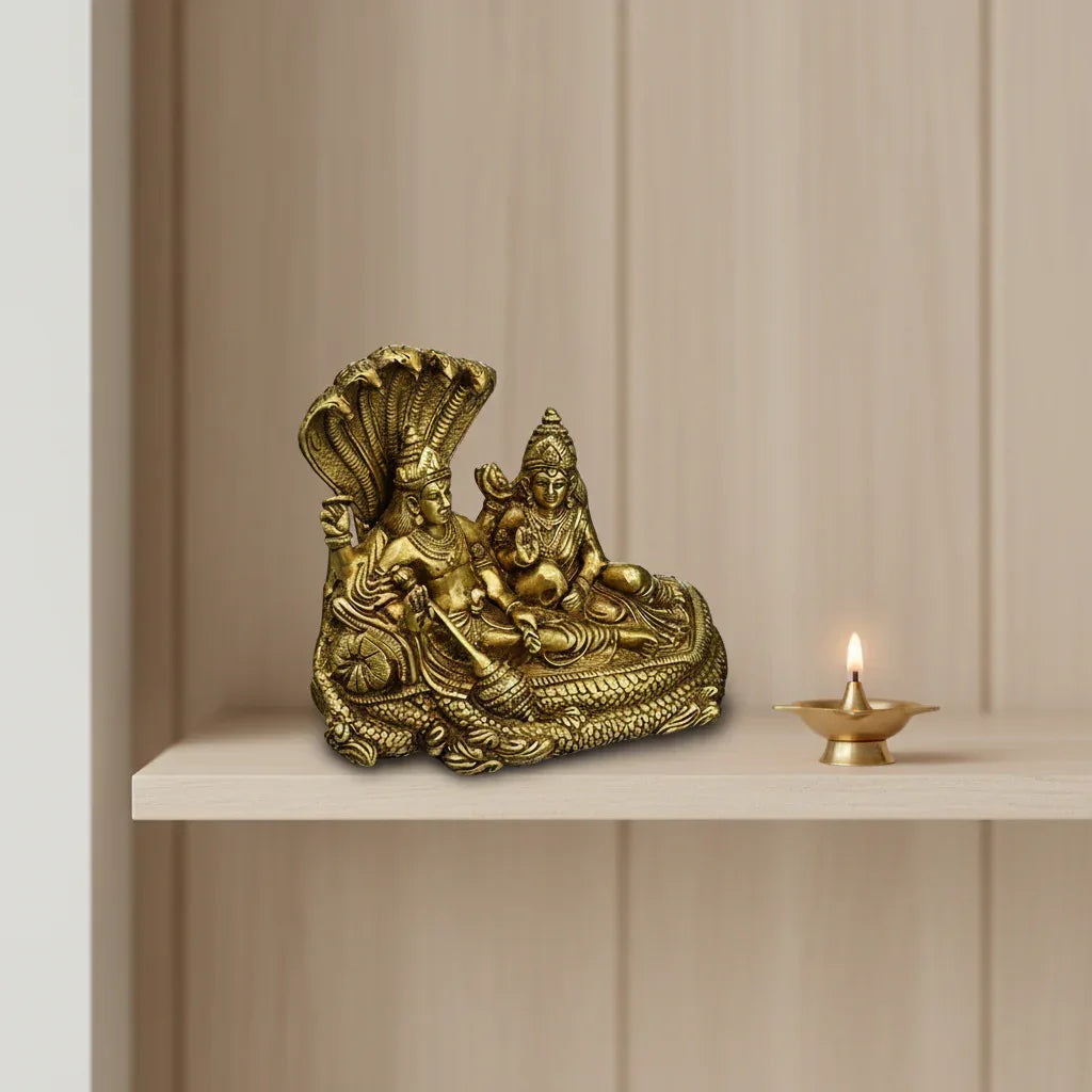 Brass Vishnu Lakshmi Idol 7 Inch Anantha Shayana Statue-ArtyCraftz.com