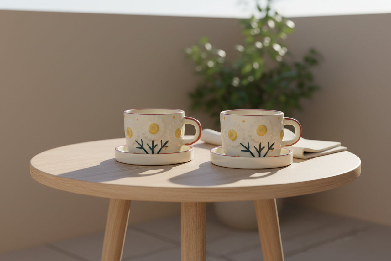 Handcrafted Ceramic Sunny Daisy Cup with Saucer-ArtyCraftz.com
