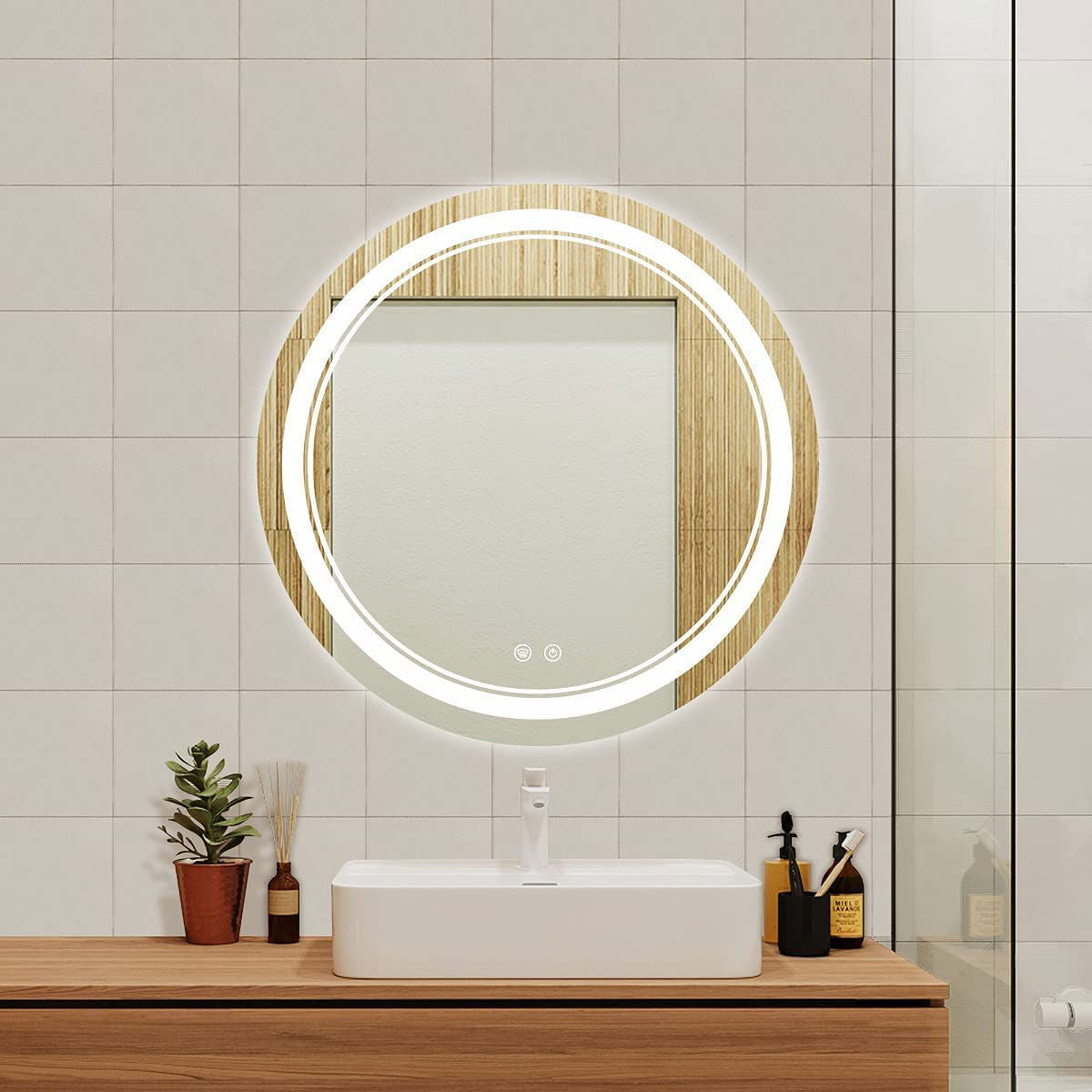 LED Wall Mounted Bathroom Round Mirror,Vanity,Office,Makeup,White LED Light Mirror with Sensor Adjustable White,Baklite Lighted Mirror (Front& Back Light : White, 21 Inch/ 53 cm Round) - ArtyCraftz.com