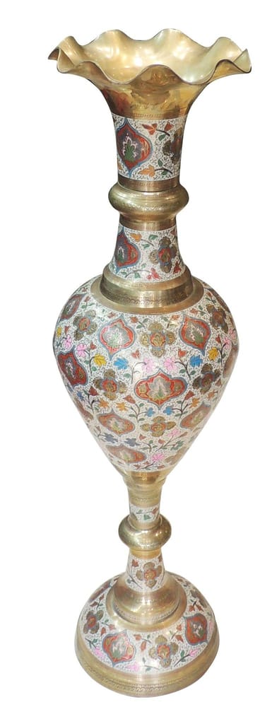 54-inch tall brass trumpet floor vase with intricate multicolour floral Meenakari-style decorative detailing.-artycraftz.com