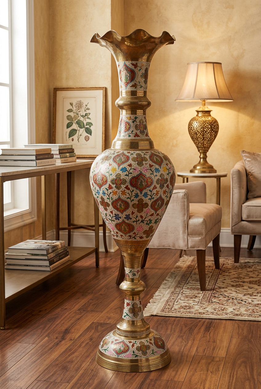 54-inch tall brass trumpet floor vase with intricate multicolour floral Meenakari-style decorative detailing.-artycraftz.com