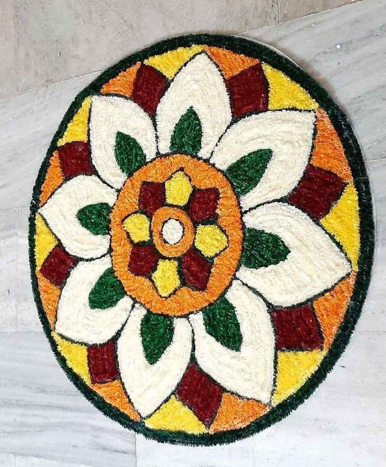 5.5 Feet Handwoven Woolen - Canvas Rangoli Floor Mat and Carpet for Living Room, White with Dark Green Color - ArtyCraftz