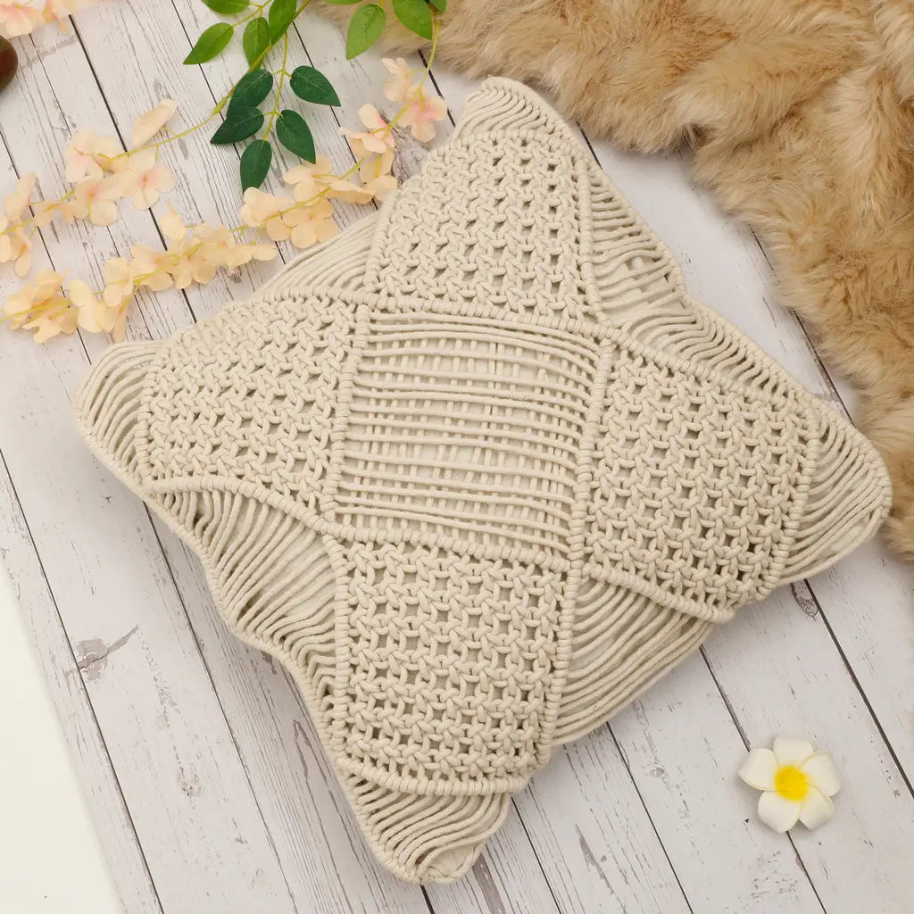5 Squares Pattern Off White Macrame Cushion Cover-ArtyCraftz.com