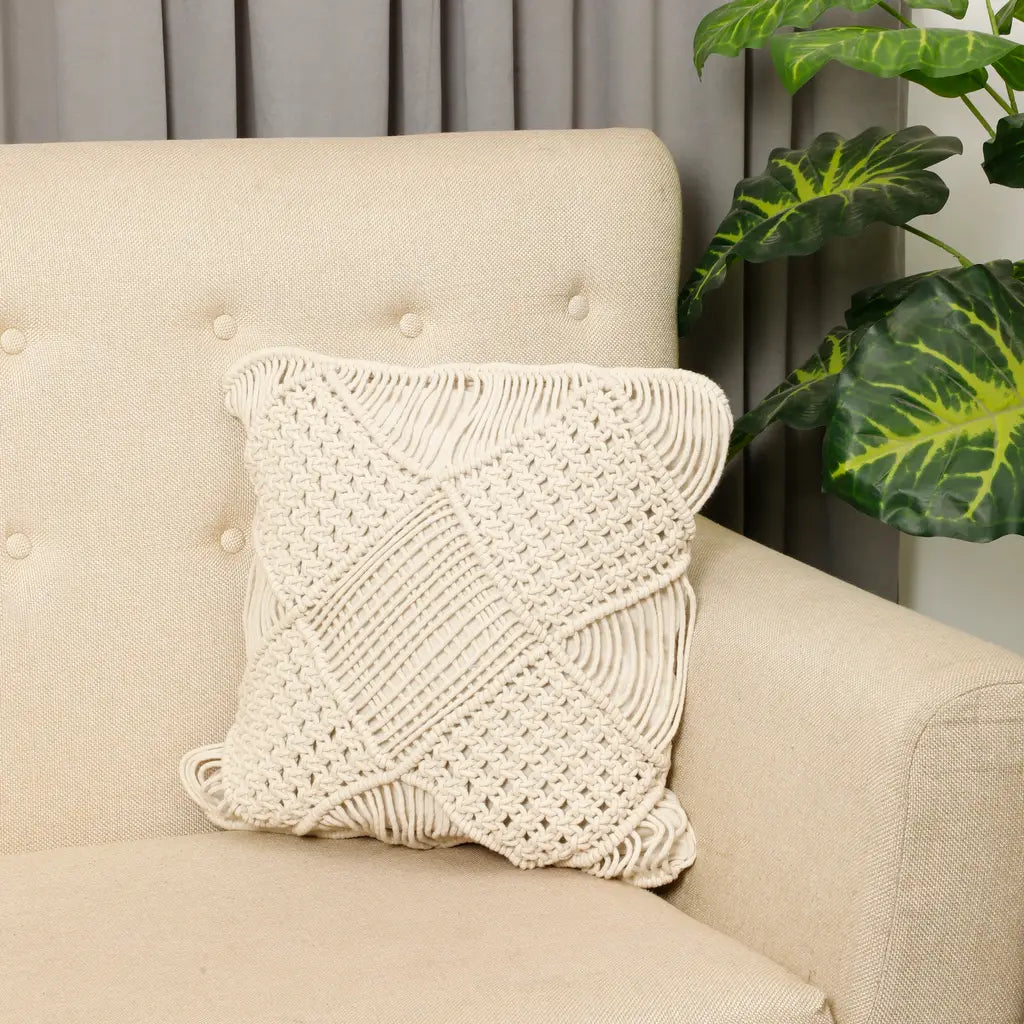 5 Squares Pattern Off White Macrame Cushion Cover-ArtyCraftz.com