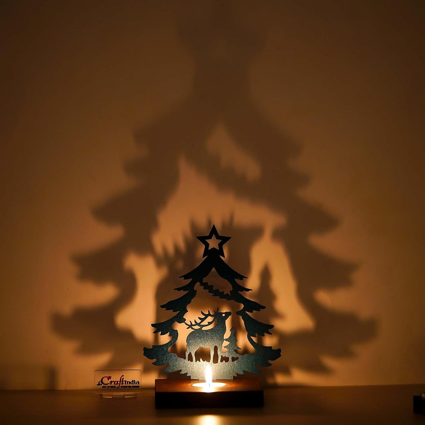 Merry Christmas Tree Reindeer Showpiece Decorative T-Light Candle Holder (Wooden Green)