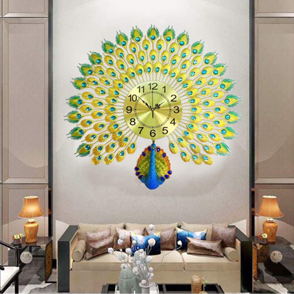 Metal Peacock With Gem Stones Plumage Wall Clock