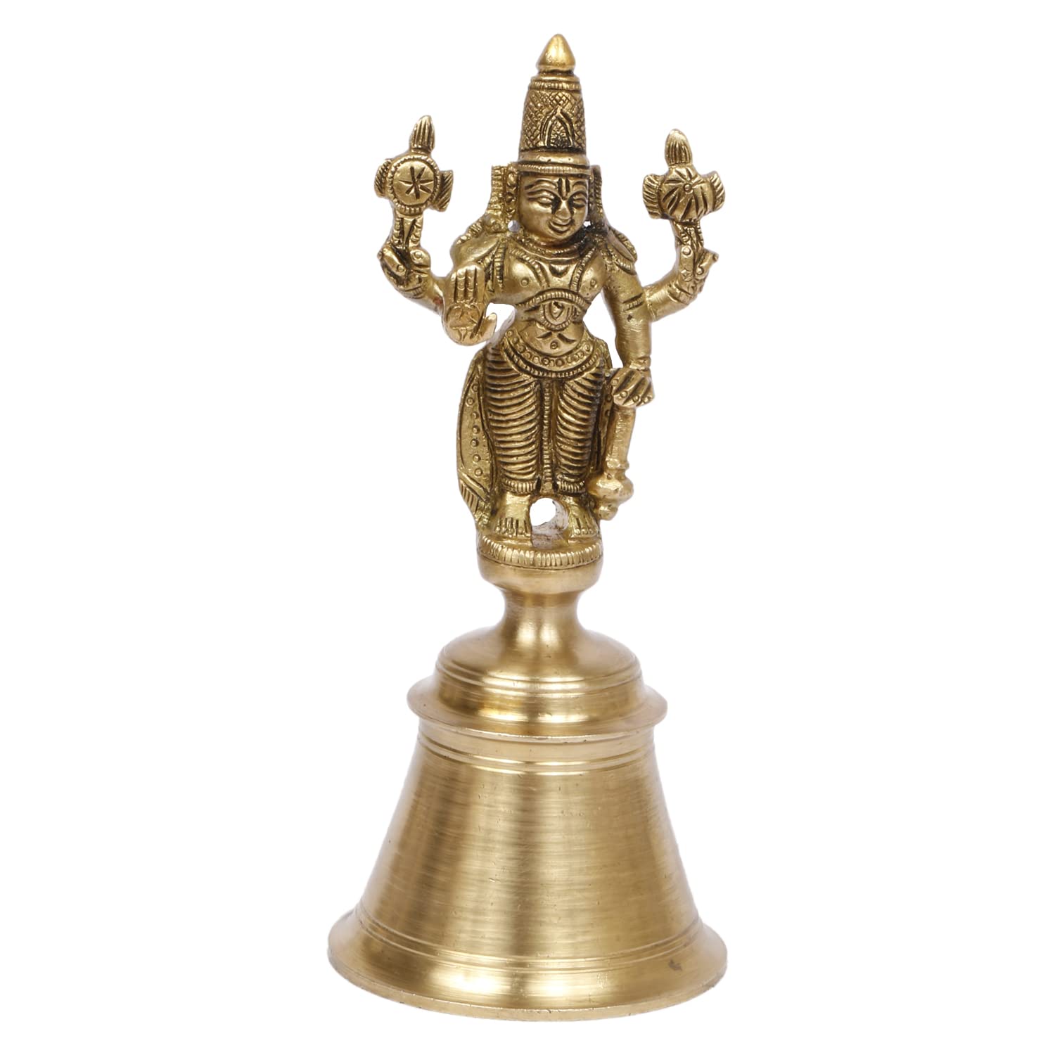 Brass Vishnu Hand Held Bell Ghanti 6 Inch In White Background