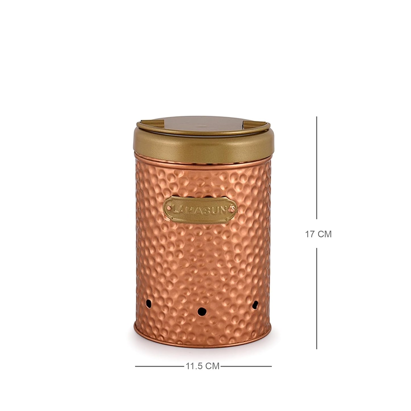 Copper-colored canister with gold lid shown with dimensions