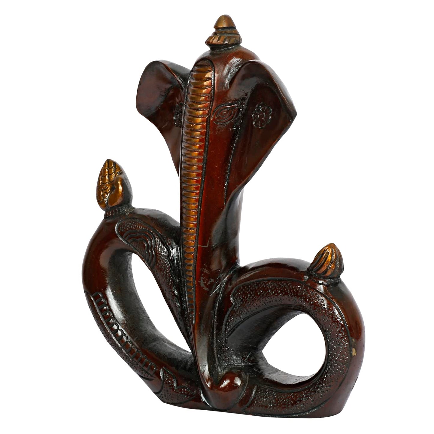 Wooden sculpture of a snake coiled around a figure on a white background