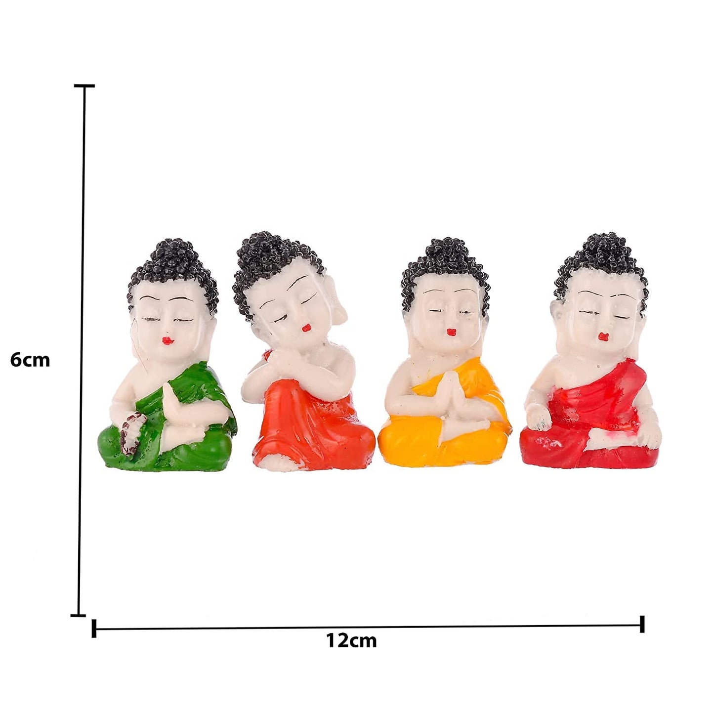 Four small Buddha figurines in different colors with dimensions indicated.