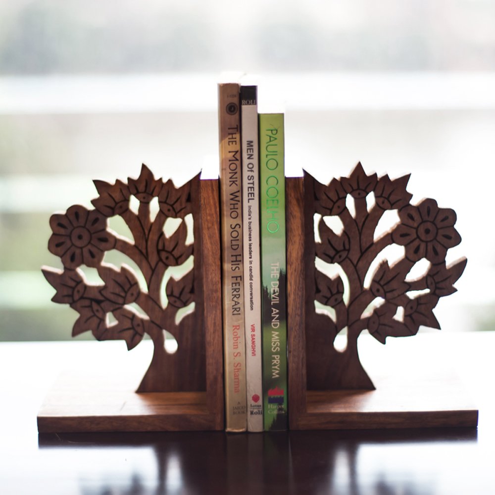 'Engraved Tree' Sheesham Wooden Bookends (11.9 cm x 11.2 cm x 16.0 cm, Brown)