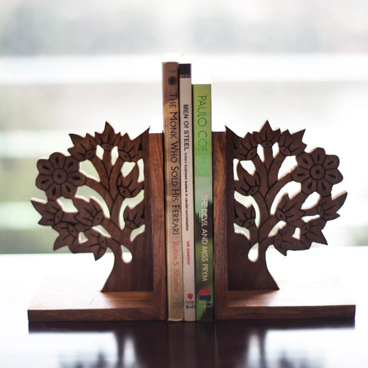 'Engraved Tree' Sheesham Wooden Bookends (11.9 cm x 11.2 cm x 16.0 cm, Brown)