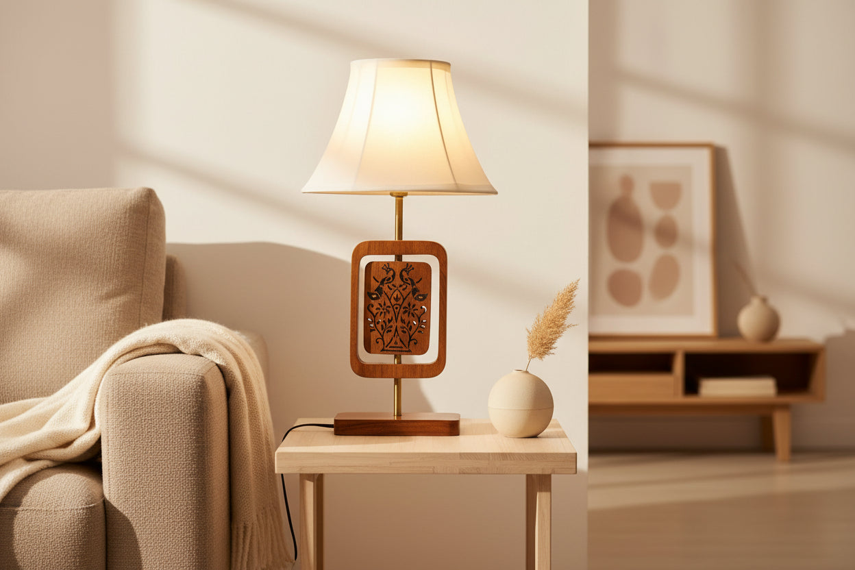 Handcrafted Sheesham Wood Table Lamp with Peacock Engraving-ArtyCraftz.com