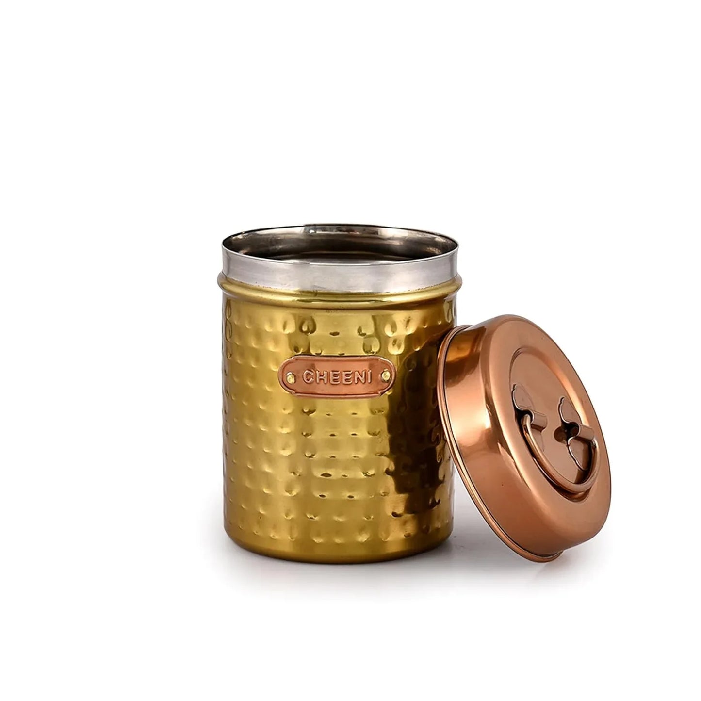 Golden colour and copper container with a lid on a white background