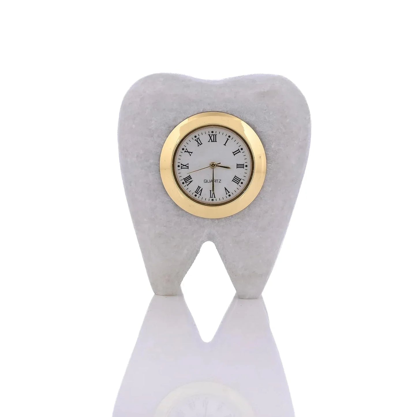 Tooth Shaped Dentist Desk Marble Table Clock for Decor and Paper Weight, Gift for Dentists and Doctors (Clock with Pen Stand)