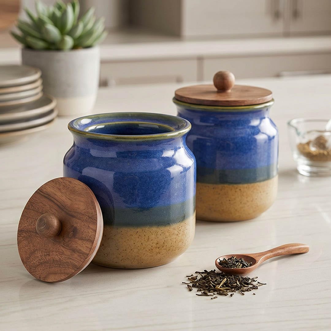 Rustic Blue Ceramic Jar Set of 2 (800ML)