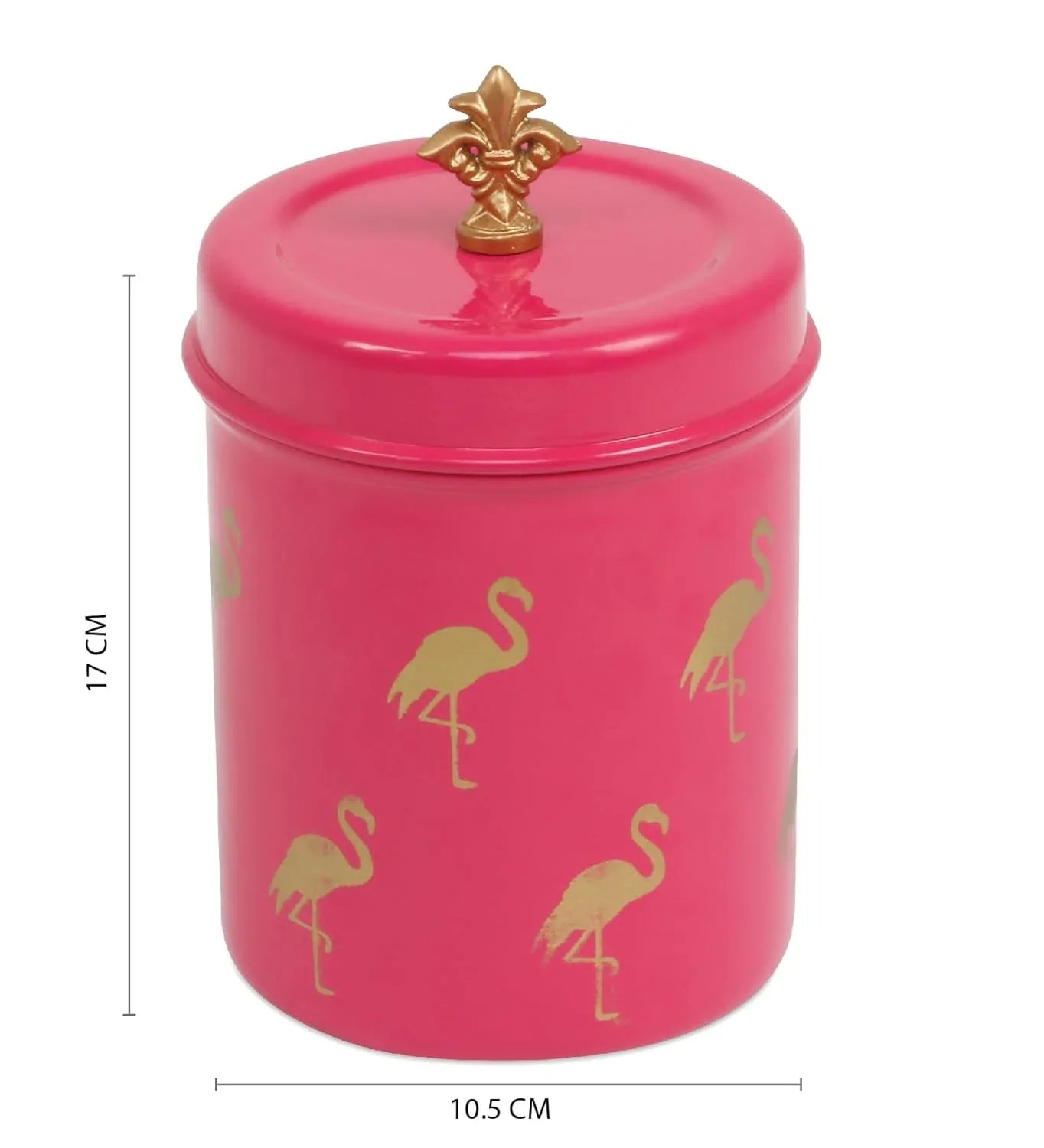 Pink container with gold flamingo designs and a gold lid, shown with dimensions