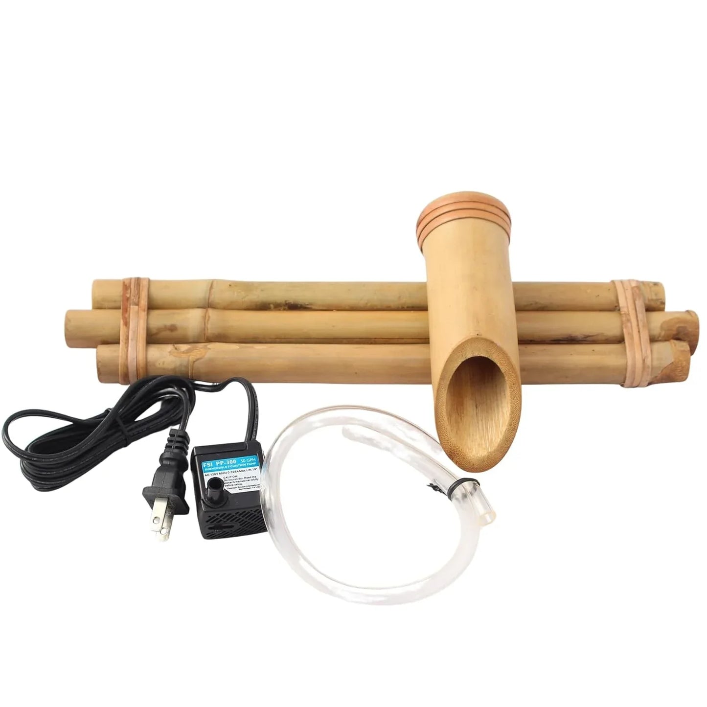 A bamboo three arm water spout with a pump, primarily brown in color, with a white electric cable and clear tubing.