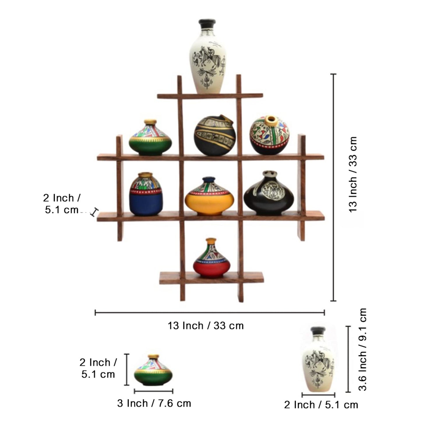 Handpainted 8 Terracotta Warli Pots with Sheesham Wooden Frame Wall Art