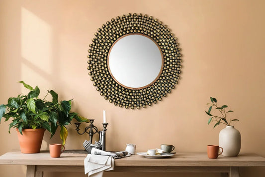 Large Beaded Sunburst Iron Wall Mirror-ArtyCraftz.com