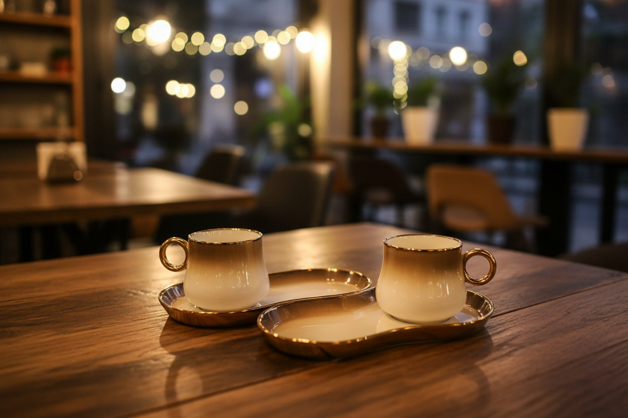 White & Gold Ceramic Tea Cup Set with Snack Trays