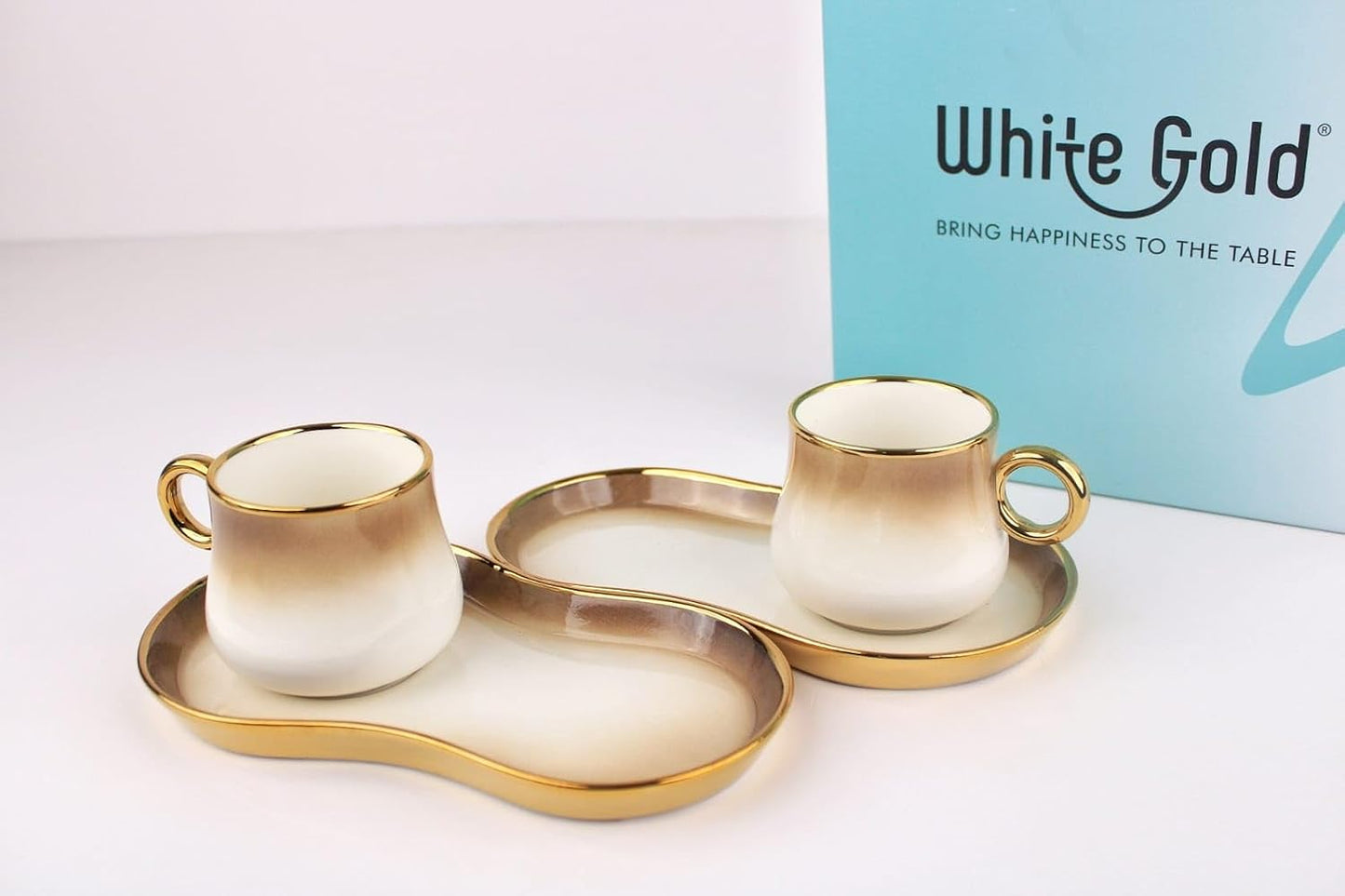 White & Gold Ceramic Tea Cup Set with Snack Trays