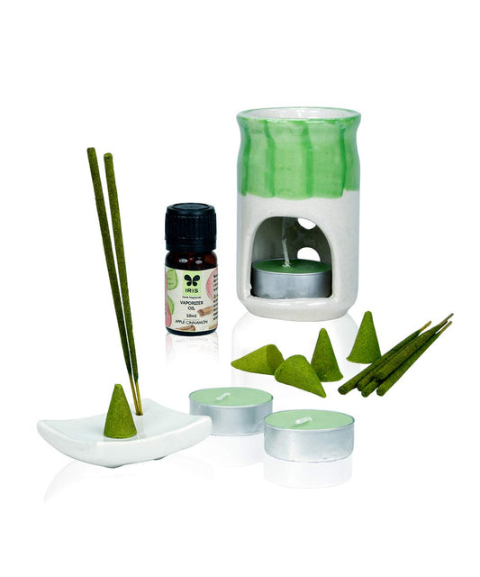 Fragrance gift set of 20 incense sticks, 10 cones, 10 ml vaporizer oil , 3 tea lights, 1 vaporizer and 1 incense holder