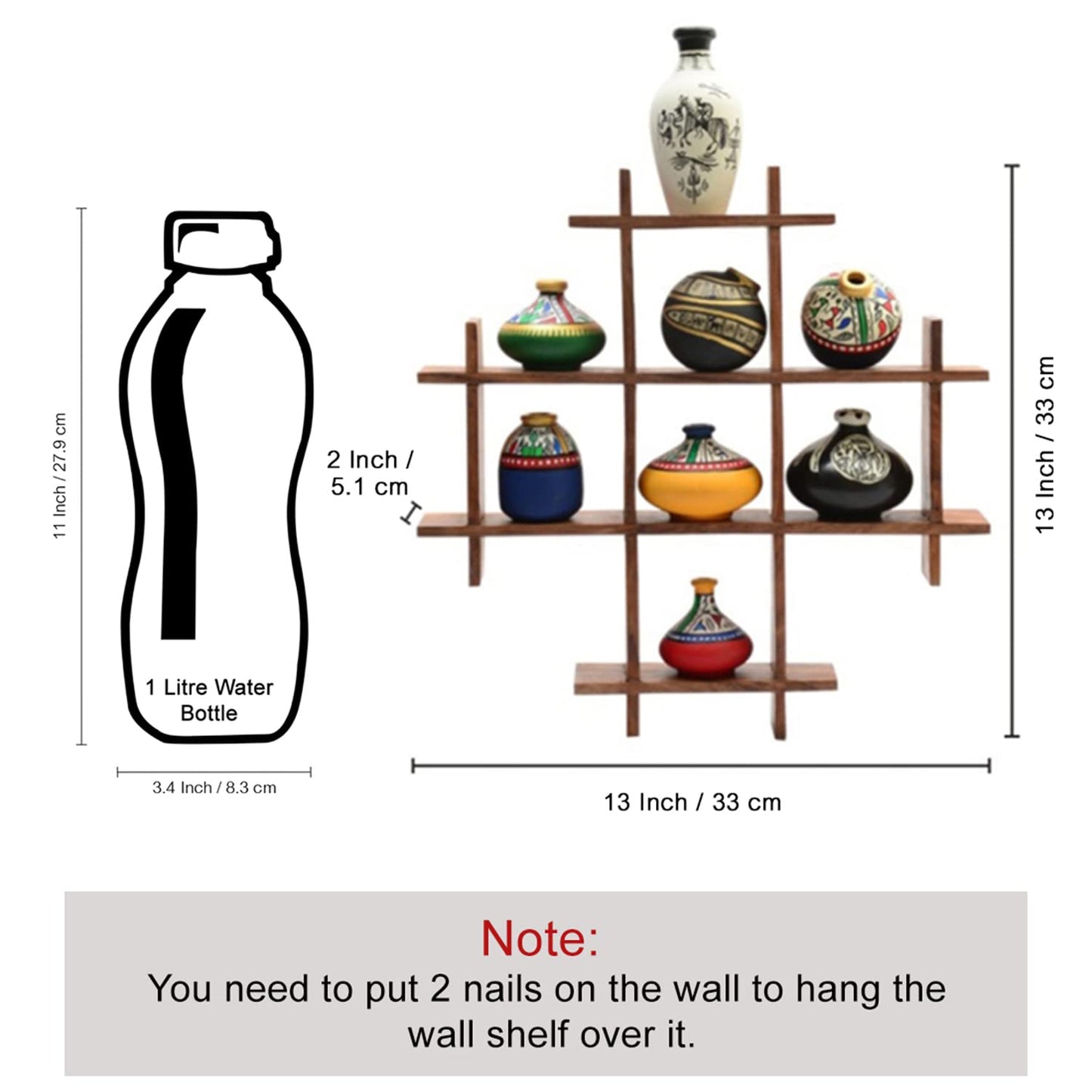 Handpainted 8 Terracotta Warli Pots with Sheesham Wooden Frame Wall Art