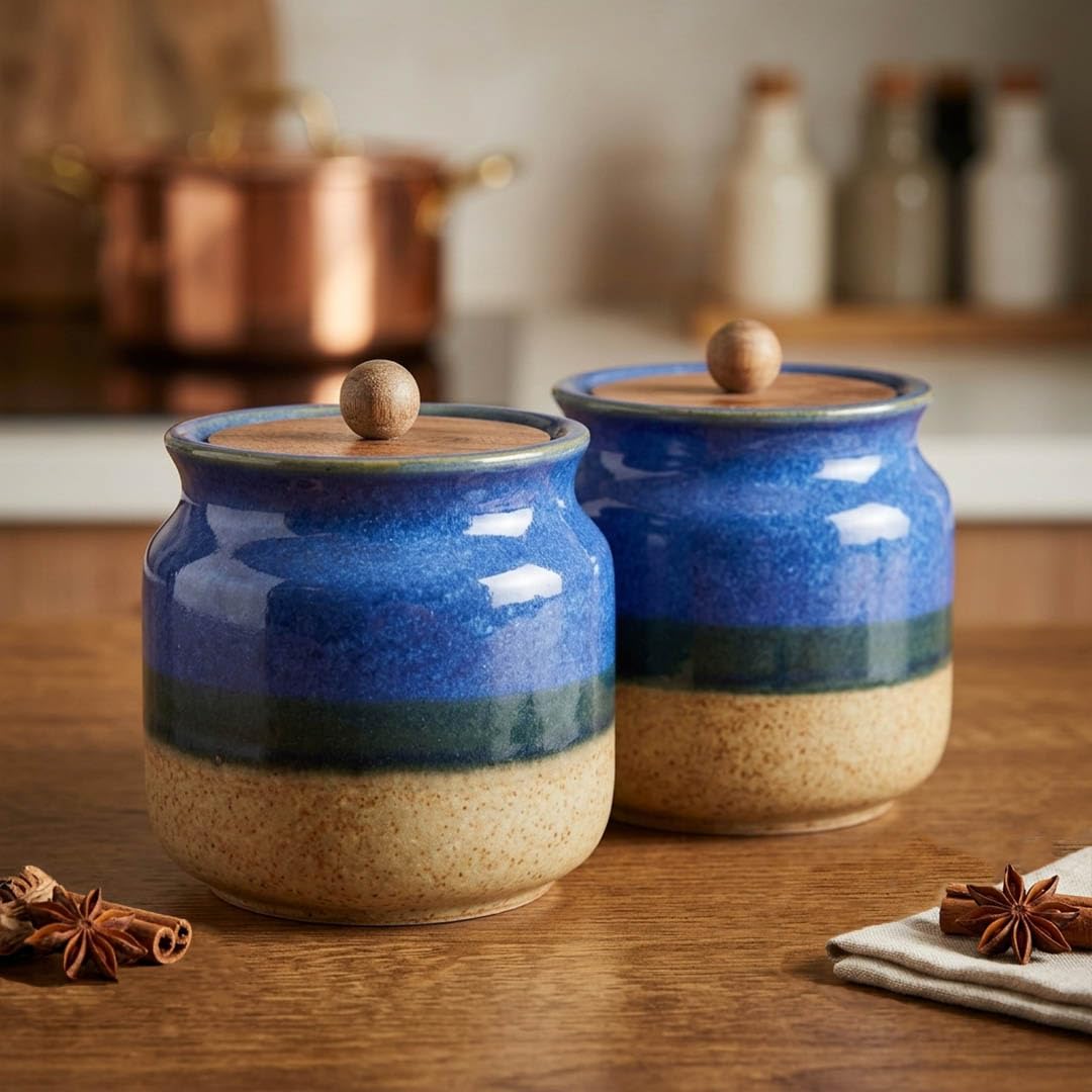 Rustic Blue Ceramic Jar Set of 2 (800ML)