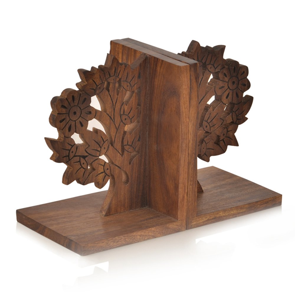'Engraved Tree' Sheesham Wooden Bookends (11.9 cm x 11.2 cm x 16.0 cm, Brown)