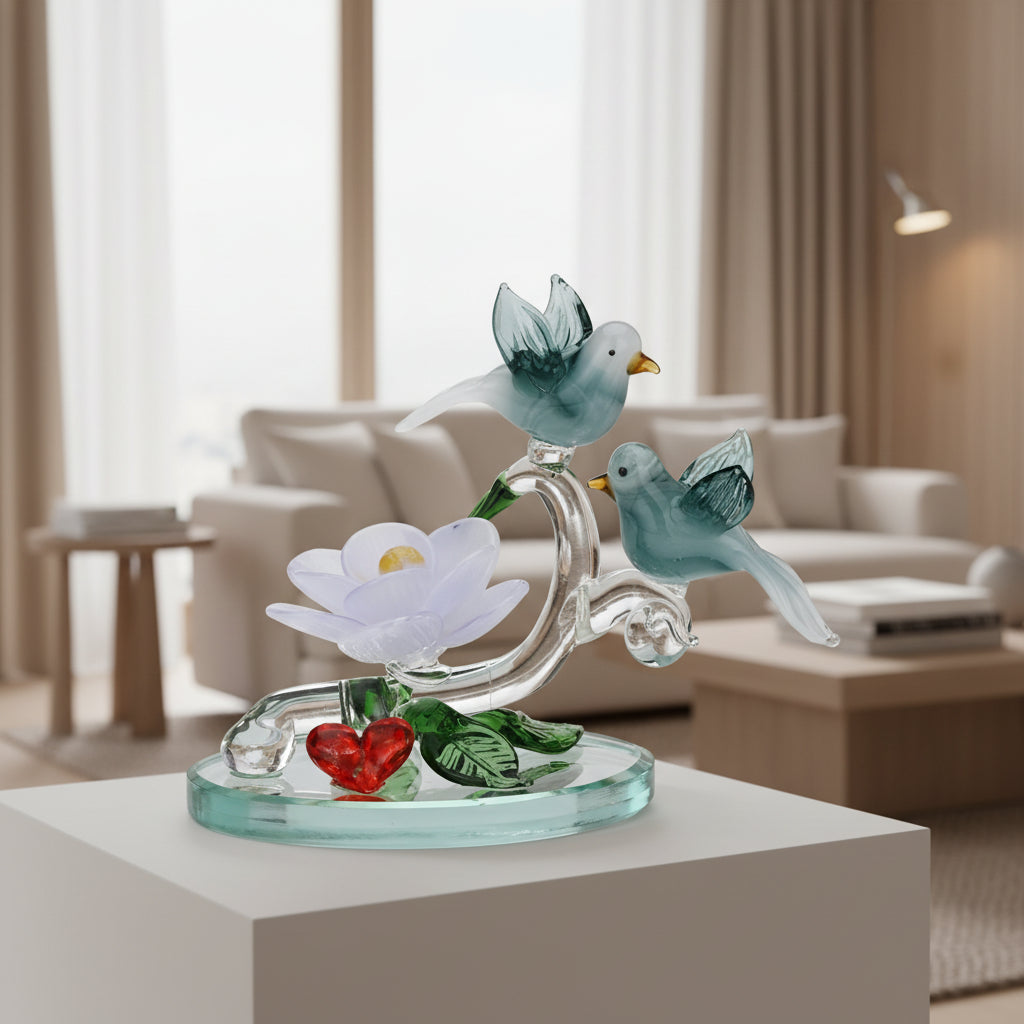 Glass Bird Couple with Flower Showpiece-ArtyCraftz.com